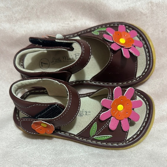 Little Me Brown and Pink Sandals with Floral Accents - Picture 2 of 5